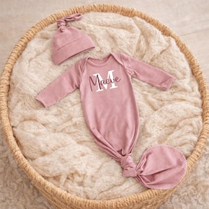 Embroidered Personalized Knotted Baby Gown With Name, Mauve Vintage Rose Gown Baby Shower Gift, Newborn Coming Home Outfit Hospital