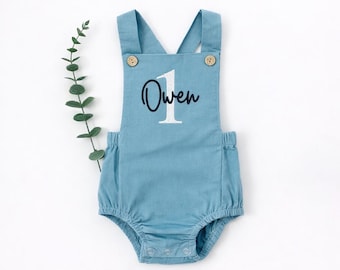 Embroidered Personalized Blue Corduroy Romper 1st Birthday Boy Outfit Cake Smash Outfit