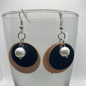 Stainless Steel Circle Leather Brown and Black with Charm Earrings / Gifts for Her / Real Genuine