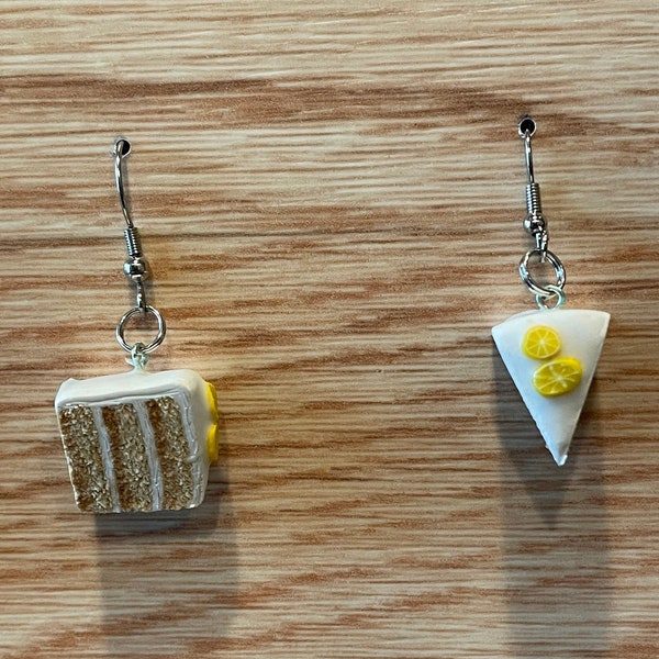 Cake Slice Dangle Earrings Vanilla Cake with White Frosting and Lemon Slices