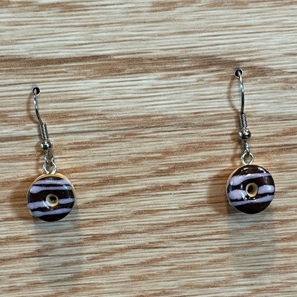 Donut Dangle Earrings Vanilla Donut with Chocolate Frosting and Pink Stripes