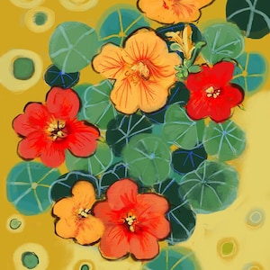 Giclee Nasturtium Museum Quality Print,Floral Art,Flower Print,Made in Canada,Red,Yellow,Green,Nasturtium Art,Edible Flowers,Flower Art