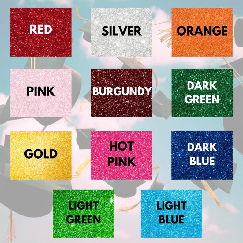 May include: A chart of 12 different colors of glitter, each with a label. The colors are: red, silver, orange, pink, burgundy, dark green, gold, hot pink, dark blue, light green, and light blue.