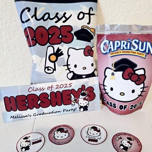 May include: Graduation party favor bags featuring Hello Kitty in a graduation cap. The bags are red and white with the text "Class of 2025" and "Melissa's Graduation Party!" The bags are filled with Capri Sun juice boxes and Hershey's chocolate.