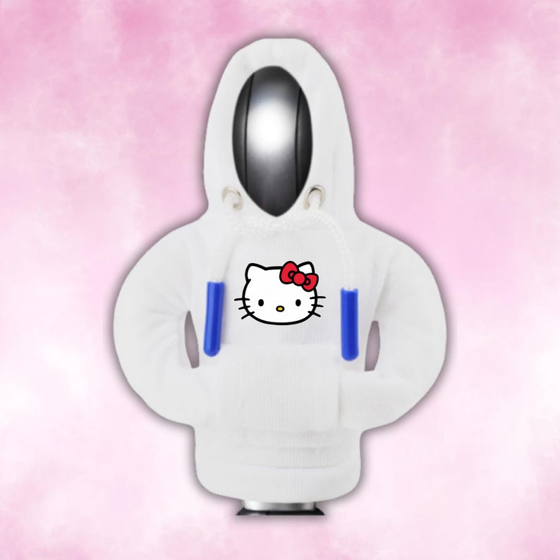 May include: White hoodie with a blue and red Hello Kitty graphic on the front.
