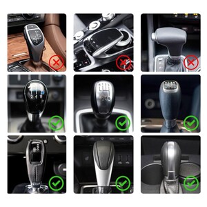 May include: A comparison of different car gear shift knobs. The first row shows three incorrect examples, while the second and third rows show three correct examples each. The knobs are made of black plastic and leather, and they have different shapes and designs.
