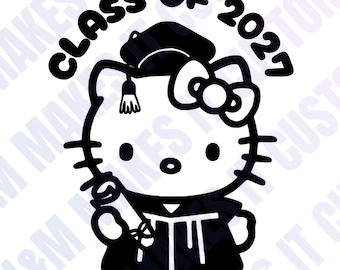 Op de afbeelding: Een zwart-witte grafische sticker met een cartoon kat-personage dat een afstudeerhoed met kwastje en een toga draagt. Het personage houdt een diploma in één hand. De tekst CLASS OF 2027 staat in een boog boven het hoofd van het personage.
