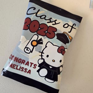 May include: A black and white Hello Kitty character wearing a graduation cap and gown. The background is blue with white clouds and the text "Class of 2025" in red. The text "Congrats Melissa" is also visible in red.