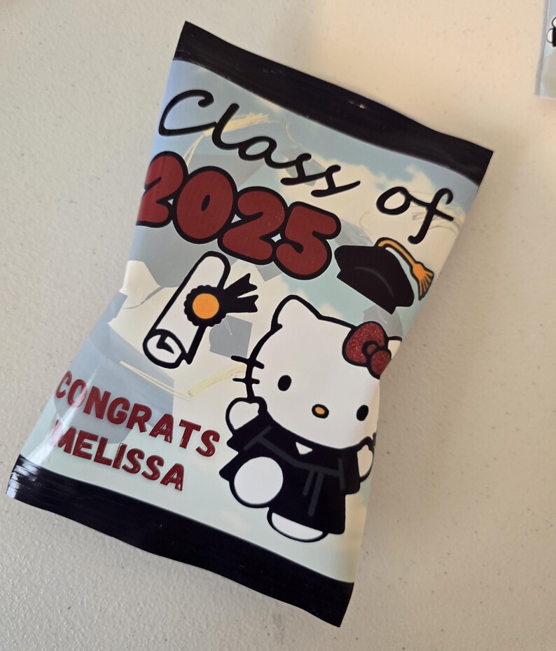 May include: A black and white Hello Kitty character wearing a graduation cap and gown. The background is blue with white clouds and the text "Class of 2025" in red. The text "Congrats Melissa" is also visible in red.