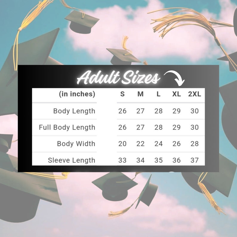 May include: A size chart for adult clothing, showing measurements in inches for body length, full body length, body width, and sleeve length. The chart includes sizes S, M, L, XL, and 2XL.