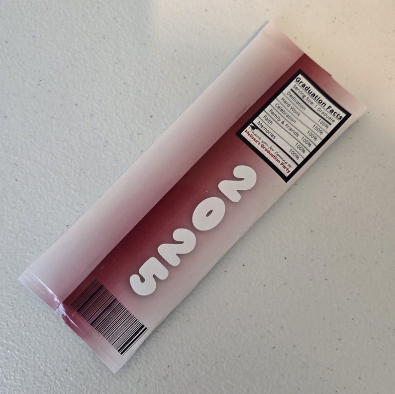 May include: A white and red graduation party favor with the text "Graduation Facts" and a list of items with a percentage next to each. The text "2025" is printed in large white letters on the favor.