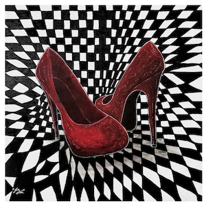 May include: An artistic rendering of two red high-heeled shoes. The shoes are set against a black and white checkered background that creates an optical illusion. The artwork is signed in the lower left corner.