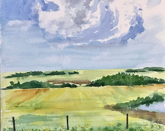 Canola Field Watercolor Painting: Prairie Landscape Art