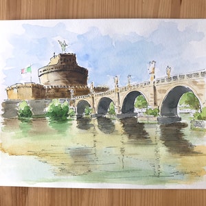 Rome Watercolor Painting: Ponte Sant&#39;Angelo & Castle Art