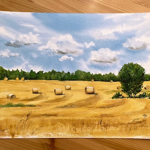 Landscape with Haystacks/Original Watercolour Painting/Nature Art/Rural Landscape/Autumn Field/Countryside/Farming/Blue sky and white clouds