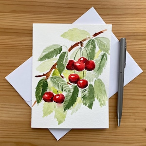 Cherries Card/Original Hand Painted Watercolour/Red Cherries on a Tree/Fruit Card/Cherry Art/Gardening Card/Thanksgiving/Birthday Card