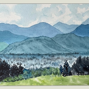 Mountain Range Painting/Original Watercolour Painting/Valley with Mountains/Landscape with Mountains/British Columbia/Blue Mountains