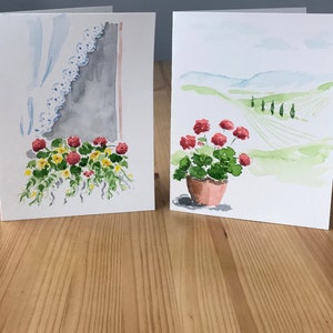 Carte de géraniums/Carte aquarelle originale peinte à la main/Géranium/paysage toscane/paysage italien/fenêtre et géranium/jardin de fleurs et fenêtre