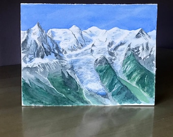 The Alps/Original Watercolour Painting/Mountain Range/Mont Blanc/Chamonix Valley/French Alps/Swiss Alps/Snow Peaks/Glaciers/Travel Art
