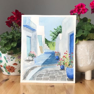 Greek Street Painting/Original Watercolour Painting/Greek village street/Greek Island/Milos Island Painting/Island Art/Travel Art/Greece Art