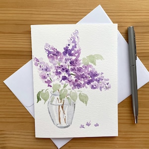 Lilac Card/Hand-Painted Watercolour Card/Lilac in a Vase Card/Spring Blooms Card/Floral Card/Blank Greeting Card/Nature Card/Gardening Card