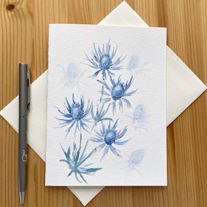 Sea Holly Card/Hand Painted Watercolour Card/Blue Sea Holly Flowers/Eryngium Flowers/Sea Holly Thistle/Blue Flowers Card/Blank Greeting Card