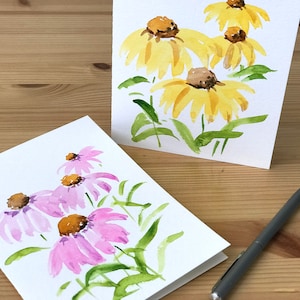 Carte échinacées/Carte peinte à la main/Carte aquarelle originale/Carte de fleurs roses/Marguerites jaunes/Carte vierge/Carte faite main/Carte de voeux