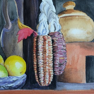 May include: A watercolour painting of a still life featuring a brown jug, two ears of corn, a brown pot, and three lemons in a woven basket.