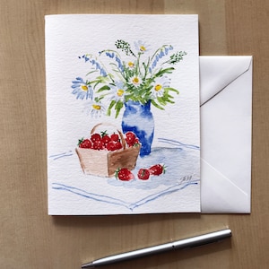 Carte marguerites et fraises/Aquarelle peinte à la main/Carte florale/Marguerite/Fraise/Fête des Mères/Carte de voeux vierge/Jardinage/Action de grâces