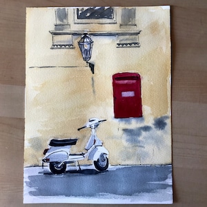 Vespa Scooter & Red Mailbox/Original Watercolour Painting/Vespa Bike/Rome street/Vespa Motorcycle/Bike/Motor bike/Motorbike/Italy Travel Art