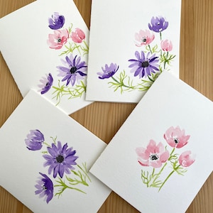 Aquarelle peinte à la main carte/Anémone rose/Anémone violette/Carte de voeux vierge/Fête des Mères/Pâques/Fleurs de printemps/Fleurs roses