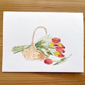 Basket of Tulips Card/Hand Painted Watercolour Card/Spring Flowers Card/Easter Card/Mother's Day/Red Tulips Card/Blank Card/Greeting Card