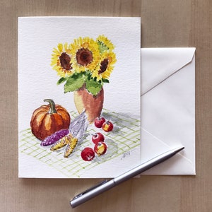 Carte Récolte d'été/Carte aquarelle peinte à la main/Tournesols/Citrouille/Maïs/Pommes/Carte florale/Fleurs d'automne et fruits/Action de grâces/Carte de jardin