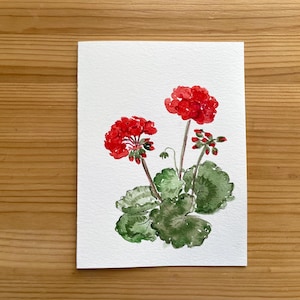 Carte de géranium/aquarelle peinte à la main originale/Géranium rouge/Fleurs d'été/Fête des Mères/Fleurs de la Méditerranée/Action de grâces/Carte d'anniversaire