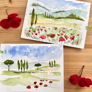 Carte paysage italien/Carte aquarelle peinte à la main/Carte de voeux vierge/Carte Nature italienne/Coquelicots de Toscane/Pins italiens/Carte de voyage