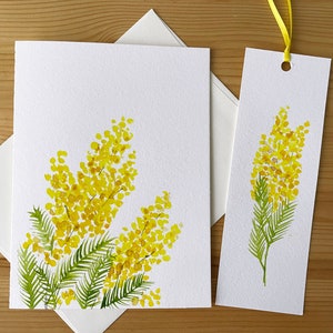 Carte Mimosa dorée/Carte aquarelle peinte à la main/Acacia jaune/Mimoza en fleurs/Fleurs jaunes printanières/Carte de Pâques/Journée de la femme/Fête des mères
