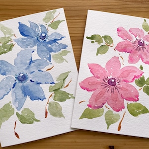 Clematis Karte/Handgemalte Aquarell Karte/Gartenblumen/Rosa Clematis/Blaue Clematis/Blanko Grußkarte/Handgemachte Karte/Rosa Blumen Karte
