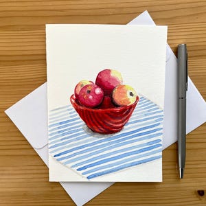 Carte de pommes dans un bol/aquarelle peinte à la main originale/pommes rouges/carte de jardinage/action de grâce/carte d'anniversaire/carte d'aliments/mode de vie sain