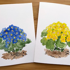Carte de primevère/carte aquarelle peinte à la main/fleurs de jardin jaunes/primula bleue/primrose jaune/carte de Pâques/fête des mères/carte de voeux vierge