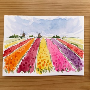 Cartes de champs de tulipes/aquarelles peintes à la main/Tulipes des Pays-Bas/Moulins à vent/Cartes florales/Fête des Mères/Voyage/Cartes vierges/Cartes de voeux