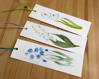 Spring Flowers Bookmarks/3 Hand Painted Watercolour Bookmarks/Lily of the Valley/Snowdrops/Scilla/Party Favour/Book Club Gift/Birthday Gift