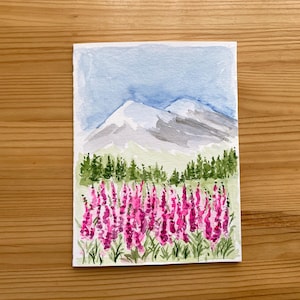 Alpine Meadow Card/Hand Painted Watercolour Card/Fireweed Flowers/Mountains and Pink Flowers/Greeting Card/Blank Card
