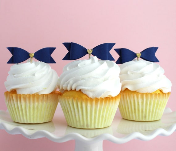 Navy Bow Cupcake Toppers Navy Gold Cupcake Toppers Navy Etsy