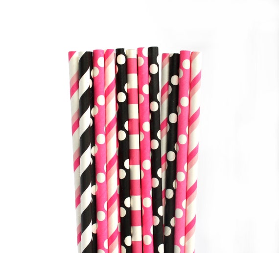 Black Light Pink Paper Straws Black And Pink Party Etsy