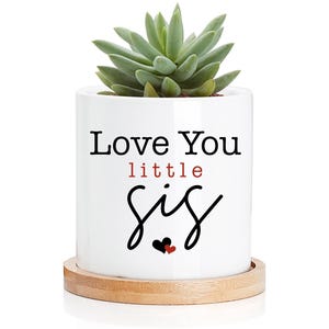 Personalized Little Sister Planter – White Ceramic Pot with Bamboo Tray
