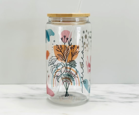 Engraved Glass Tumbler With Straw and Lid Boho Style Tumbler 