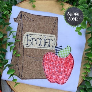 Brown Sack School Lunch with Apple Applique Design (INSTANT DOWNLOAD)