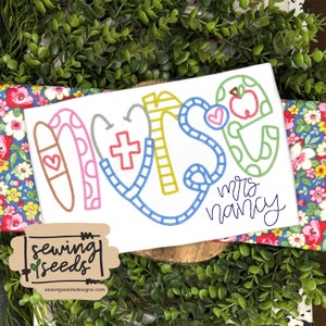 May include: Embroidered design of the word "Mrs" with medical symbols like a stethoscope, bandage, and a cross. The design is in various colors and includes the text "Mrs. Nancy".