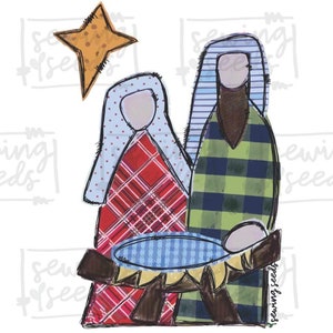 May include: A hand-drawn illustration of the nativity scene featuring Mary, Joseph, and baby Jesus in a manger. The figures are made of patchwork fabric with plaid and striped patterns. A yellow star shines above the scene.