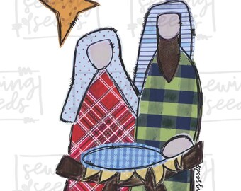 May include: A hand-drawn illustration of the nativity scene featuring Mary, Joseph, and baby Jesus in a manger. The figures are made of patchwork fabric with plaid and striped patterns. A yellow star shines above the scene.